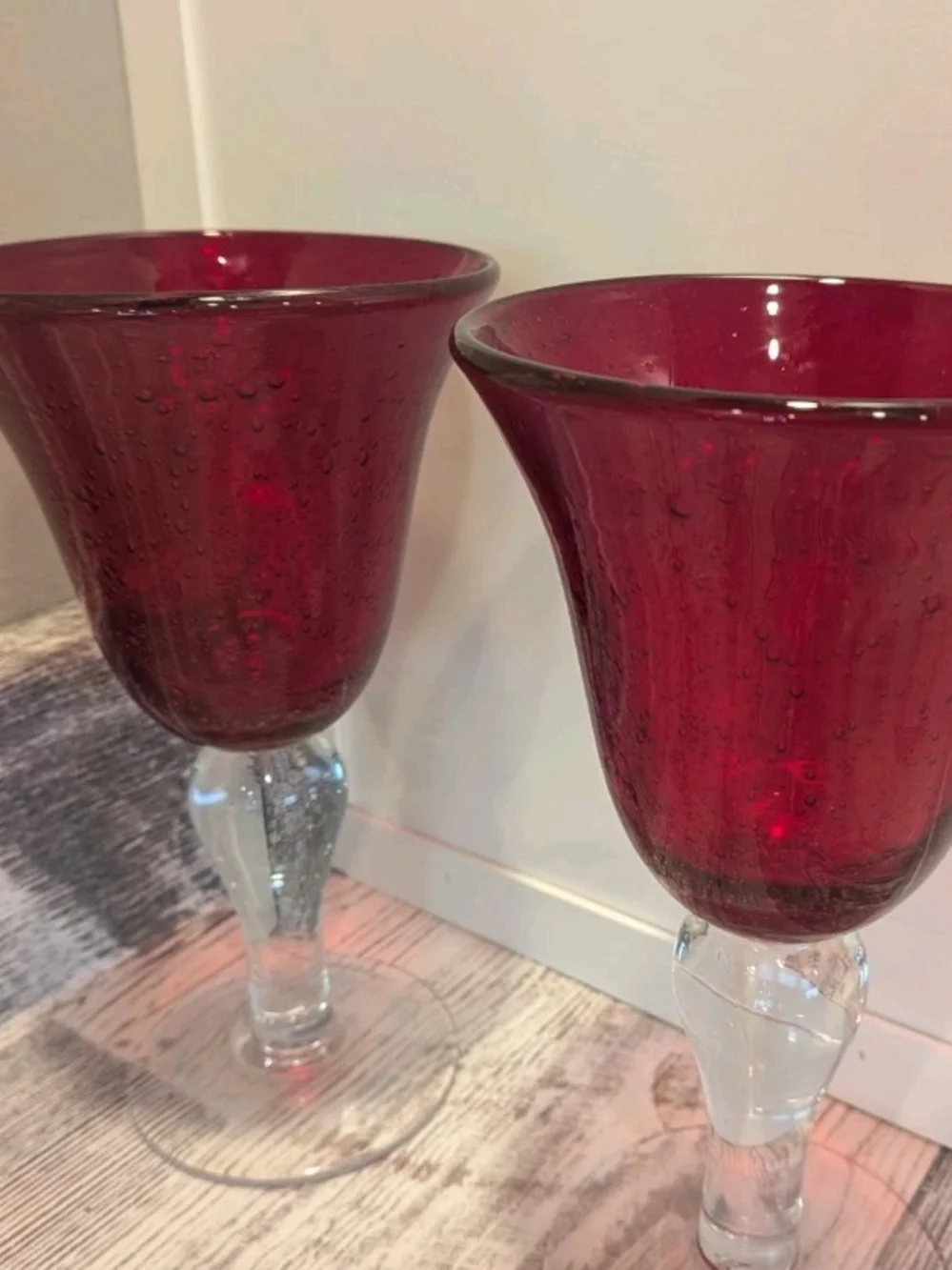 Pair of Artland Iris Ruby Red Seeded Glass Stemmed Goblets